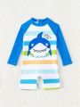Baby Boy Cute Shark Pattern Printed One-Piece Swimsuit With Hat, Summer Sun Protection
