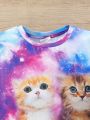 SHEIN Tween Girl Galaxy and Cat Print Tee & Pants PJ Set