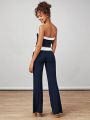 Forever 21 Vintage College Style Two Piece Set For Women With Wide-Leg Color Block High Stretch Flare Pants And Tight Wrap Chest Top