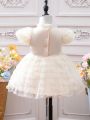 Baby Girl 3d Rose & Polka Dot Decorated Dress With Ruffled Neckline, Puff Sleeves And Back Button Closure