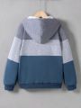 SHEIN Kids EVRYDAY Boys' College-style Sporty Color Block Zipper-front Hooded Jacket With Fleece Lining