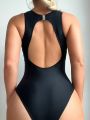 Mesh Insert & Hollow Out Back One Piece Swimsuit