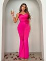 SHEIN SXY New Years Party Valentine'S Lovers Date Pink Detachable 3d Flower Flared Jumpsuit