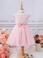 SHEIN Kids CHARMNG Young Girl Light Pink Solid Color Romantic & Sweet Mesh Dress With Round Neckline And Short Sleeves For Summer