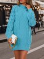 Turtleneck Raglan Sleeve Cable Knit Sweater Dress Without Belt