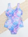 Young Girls' Hollow Out Waist Full Print One-Piece Swimsuit