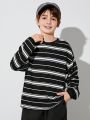 SHEIN Kids KDOMO Boys' Striped Loose Fit Knit Pullover Tee With Crew Neckline