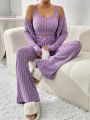 SHEIN Essnce Ladies' Fashionable Purple Ribbed Two-Piece Outfit