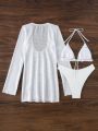 SHEIN Swim Y2GLAM Solid Color Bikini Swimsuit Set + Knitted Hollow Out Cover Up Dress