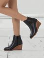 Women's Black Bohemian Style Outdoor Anti-slippery Pointed Toe 7cm Wedge Heel Thick Bottom Ankle Boots For Autumn And Winter