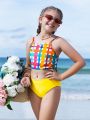 Girls' Cute Bikini Swimsuit With Plaid Print, 2pcs/set