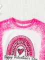 SHEIN Kids Cooltwn Girls' Casual Short Sleeve Knitted T-shirt With Slogan & Heart Printed Round Neckline