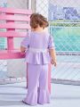 2pcs Baby Girl Spring/Summer Outfit Purple Bow-Knot Round Neck Top And Pants