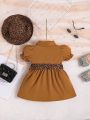 Baby Leopard Print Puff Sleeve Belted Shirt Dress & Hat