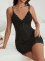 Women'S Solid Color Lace Trimmed Camisole Sleep Dress