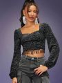 Mienne Sweetheart Neck Lantern Sleeve Tassel Hem Crop Top