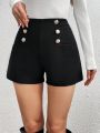 SHEIN Privé Women'S Double-Breasted Button Decorated Black Shorts