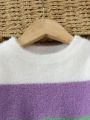 Girls' Round Neck Color Block Striped Sweater