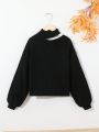 SHEIN Tween Girl Loose Fit High Neck One Shoulder Exposed Long Sleeve Sweater Casual Style