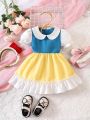 Baby Colorblock Peter Pan Collar Puff Sleeve Ruffle Hem Dress