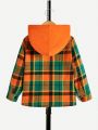 SHEIN Kids Academe Little Boys' Classic Plaid Hooded Shirt With Patchwork, Versatile