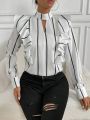 SHEIN Privé Women's Striped Shirt With Lace Collar