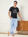 Men's Round Neck Black Short Sleeve Grid Print Long Pants Homewear Set