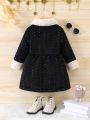 SHEIN Kids FANZEY Little Girls' Velvet Open Chest Collar Long Sleeve Dress