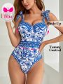 SHEIN DD+ Floral Print Knotted Shoulder One Piece Swimsuit