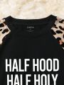 Text And Leopard Print Raglan Sleeve T-shirt