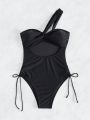 One Shoulder Hollow Out Drawstring Side Swimsuit