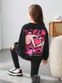 SHEIN Kids HYPEME Tween Girl Heart & Slogan Graphic Drop Shoulder Pullover & Leggings