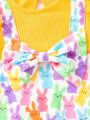 SHEIN 2pcs/Set Casual And Lovely Easter Style Jumpsuit With Colorful Bunny Pattern And Bowknot For Baby Girls, Including Hair Band