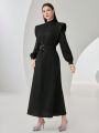 SHEIN Modely Ladies' Stand Collar Long Sleeve Belted Shirt Dress