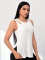 Daily&Casual Geometric Jacquard Design Shoulder Cutout Irregular Hem High Slit Sporty Tank Top