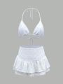 SHEIN Swim Mod 2pcs Solid Color Mesh Embroidered Bikini Swimsuit Set