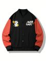 Men Slogan Graphic Colorblock Slant Pockets Bomber Jacket