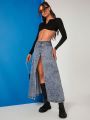 Asavvy Split Thigh Denim Skirt