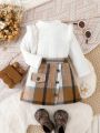 Baby Girls' Solid Color Plush Splice Top + Plaid Skirt Set