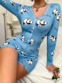 Women'S Cartoon Panda Printed Long Sleeve Sleepwear Shorts Set