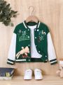 Young Girl Slogan Graphic Bear Decor Striped Trim Varsity Jacket