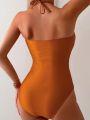 SHEIN Swim Chicsea Women's Halter Neck One Piece Swimsuit With Hollow Out Detailing