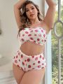 Mesh Strawberry Print Large Size Women'S Mold Cup Underwear Set (Valentine'S Day)