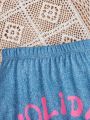 SHEIN Kids QTFun Tween Girls Knitted Rainbow Letter Pattern Imitation Denim Print Skirt