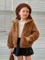 SHEIN Young Girl Bear Patched Drop Shoulder Zipper Teddy Jacket