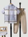 SHEIN Kids Academe Young Boy Plaid Patch Pocket Shirt And Solid Color Pants Two Piece Set