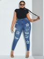 Plus Size Star Printed Ripped Slim Fit Skinny Jeans