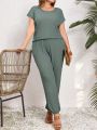 EMERY ROSE Plus Size Solid Color Casual Two Piece Set