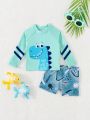 Baby Boy Cartoon Printed Raglan Long Sleeve Top And Shorts Swimming Suit Set