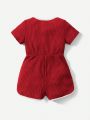 SHEIN Baby Girls' Casual Sports Contrast Color Letter Print Romper With Edging Detail